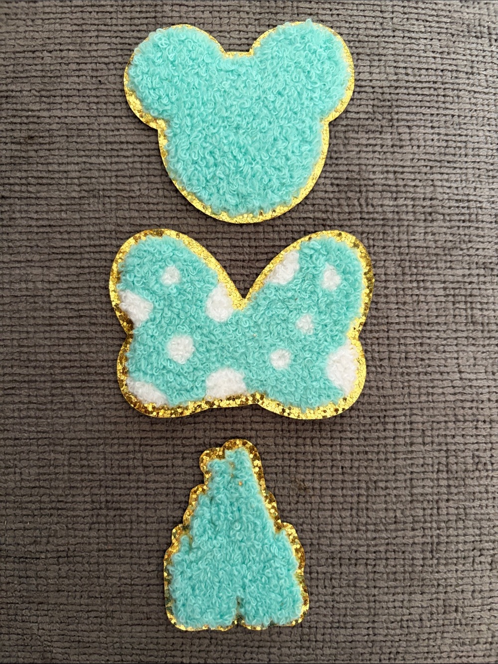 Turquoise Mickey Mouse Bow and Castle Chenille Iron On Patch Set with Gold Trim